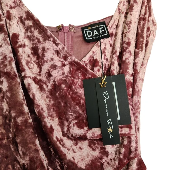NWT DAF House Asymmetric Velvet Wrap Style Mini Dress - Mauve - Picture 3 of 10